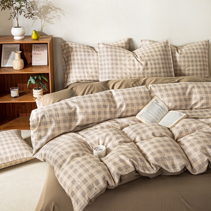 91家纺网 家纺一手货源 找家纺 2025新款全棉水洗棉双层纱印花四件套 伯克利-咖