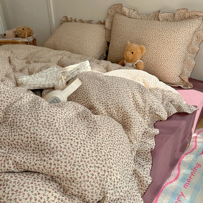 91家纺网 家纺一手货源 找家纺 2025新韩版花边全棉双层皱皱纱布四件套 紫鸢温柔