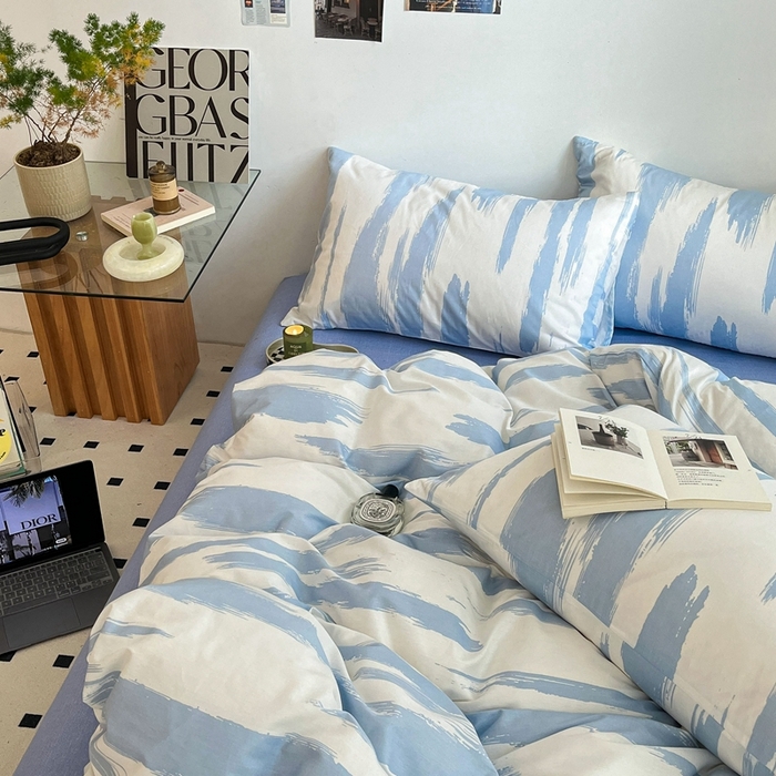 91家纺网 家纺一手货源 找家纺 吉象2025新款全棉印花北欧极简四件套系列 文艺蓝