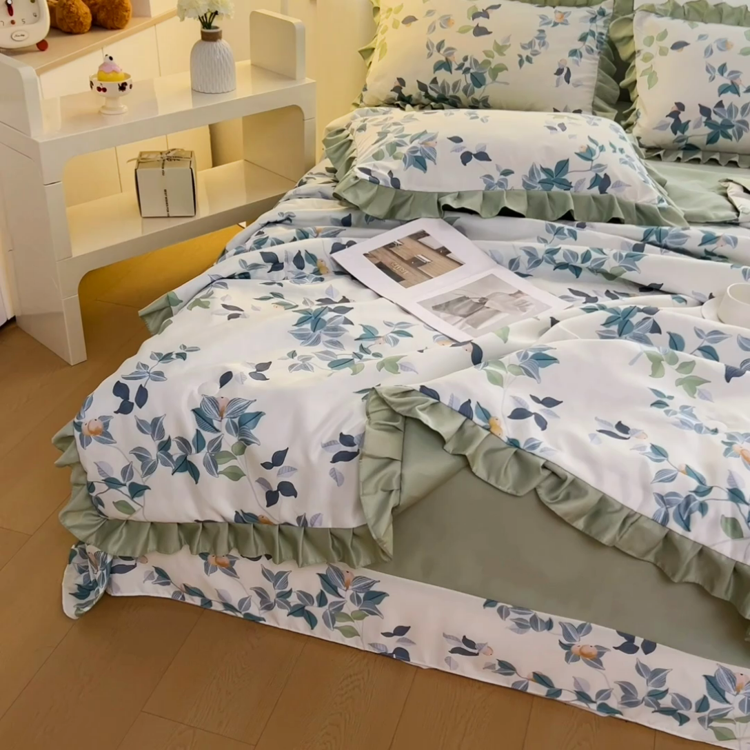 91家纺网 家纺一手货源 找家纺 找底底家纺 2025新款60S水洗天丝夏被夏凉被空调被床裙四件套 梦语