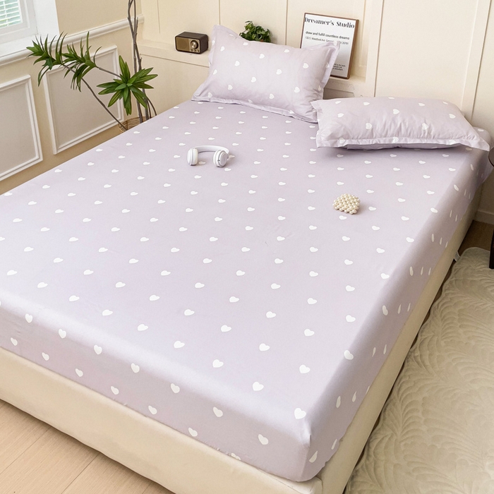 91家纺网 家纺一手货源 找家纺 朵朵家纺 2025新款亲肤棉芦荟棉床笠单床笠，磨毛床笠，印花床笠（可定制尺寸 ） 爱心紫