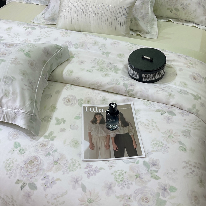 91家纺网 家纺一手货源 找家纺 莱豫2025新款50支莱赛尔天丝四件套 绿光森林