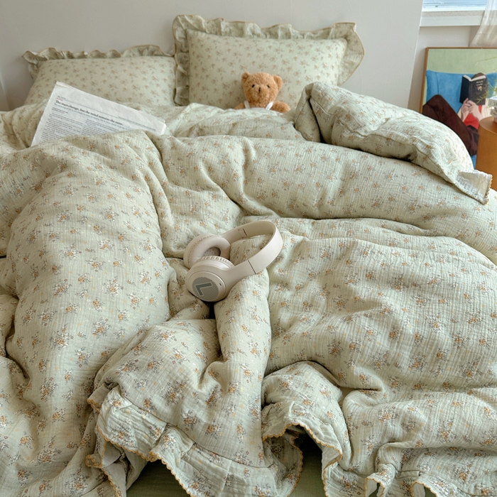 91家纺网 家纺一手货源 找家纺 2025新韩版花边全棉双层皱皱纱布四件套 花仙子