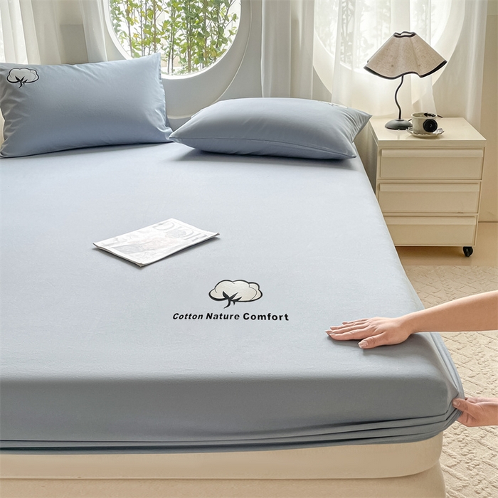 91家纺网 家纺一手货源 找家纺 布卢姆床垫 2025新款全棉烫画全棉老粗布床笠 棉朵-蓝灰