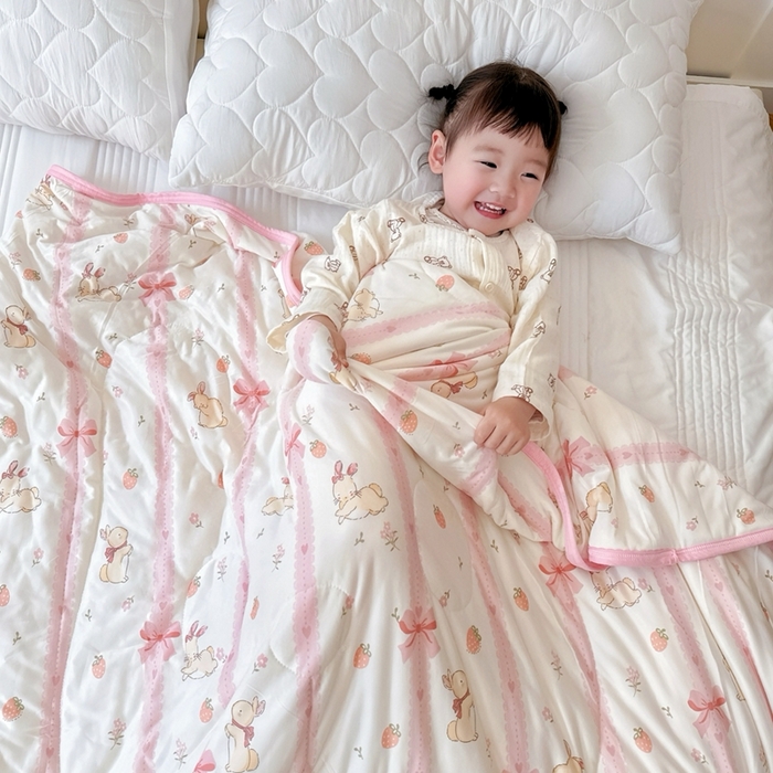 91家纺网 家纺一手货源 找家纺 兜米  2025夏季A类针织棉夏凉被小清新卡通双面针织棉空调被子被芯 蝴蝶结兔兔