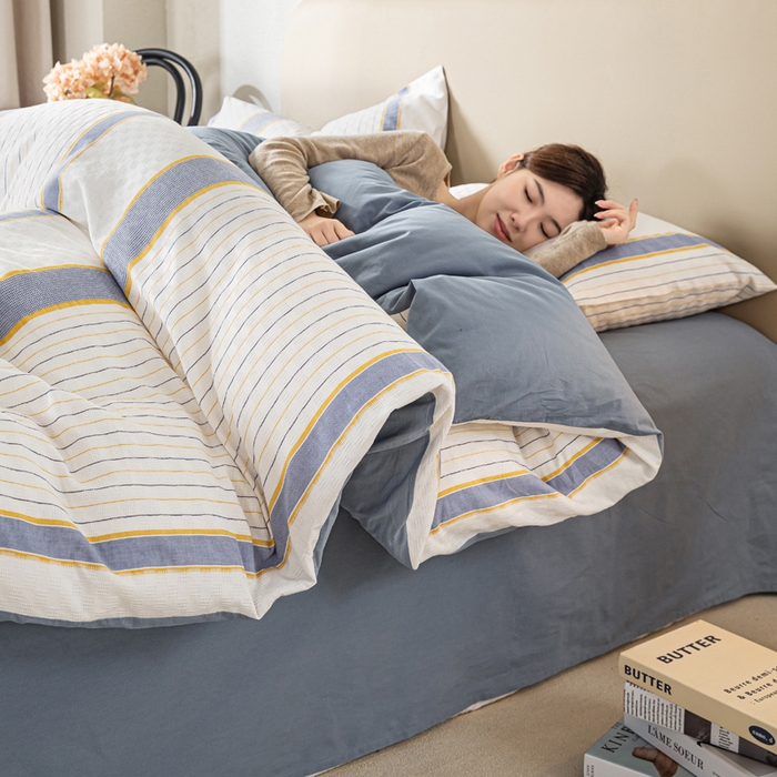 91家纺网 家纺一手货源 找家纺 九沐良品 2025新款全棉水洗棉提花四件套 简凝-蓝