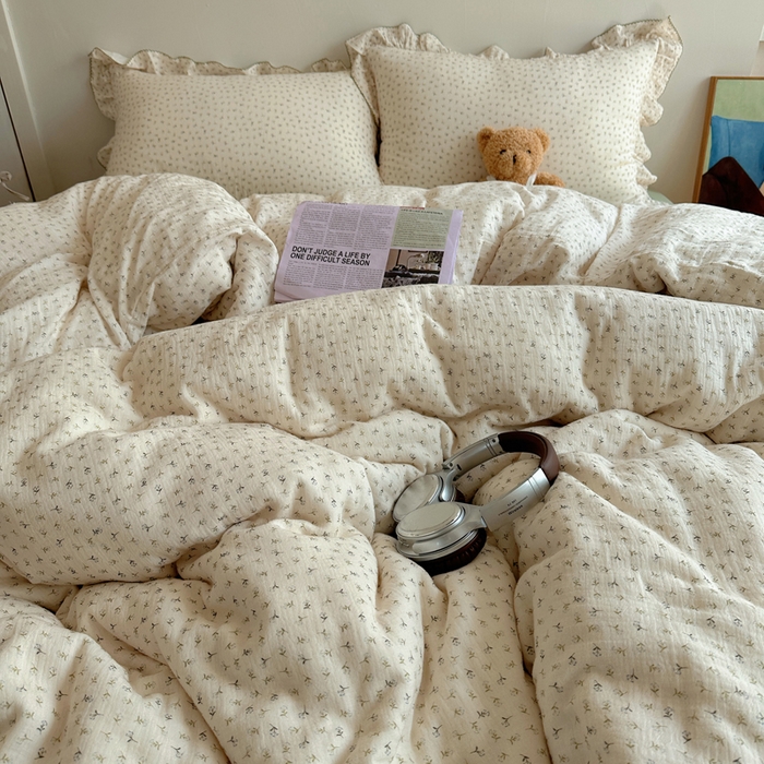 91家纺网 家纺一手货源 找家纺 2025新韩版花边全棉双层皱皱纱布四件套 清新奶盐