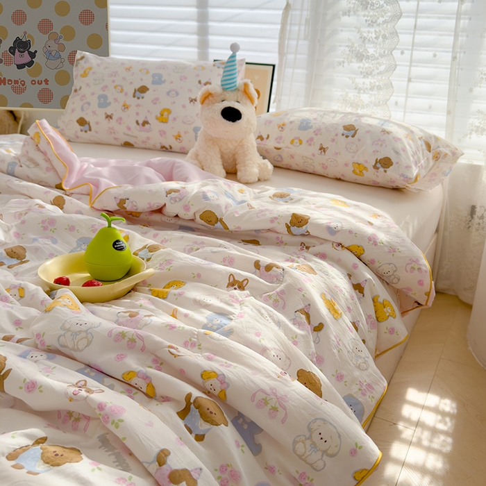 91家纺网 家纺一手货源 找家纺 美派工厂店2025新款水洗邹邹纱夏被 灰蒙小狗