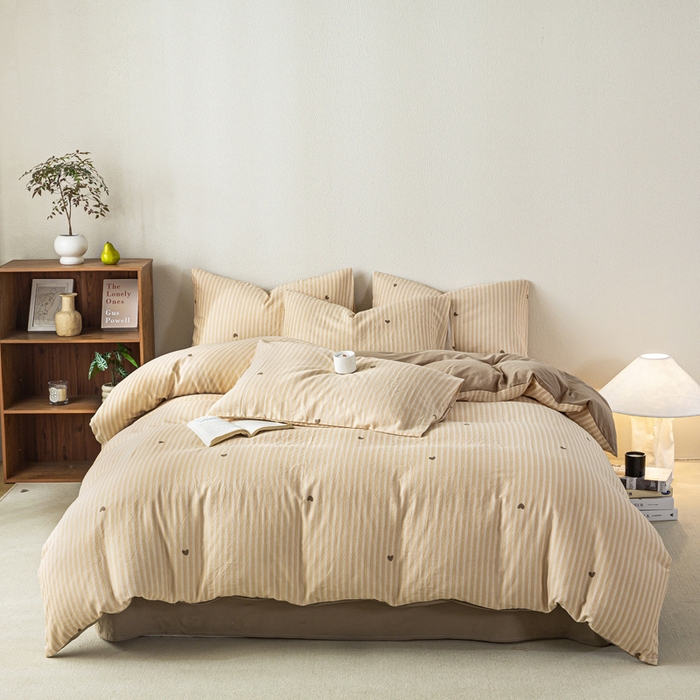 91家纺网 家纺一手货源 找家纺 2025新款全棉水洗棉双层纱印花四件套 悦吟-咖