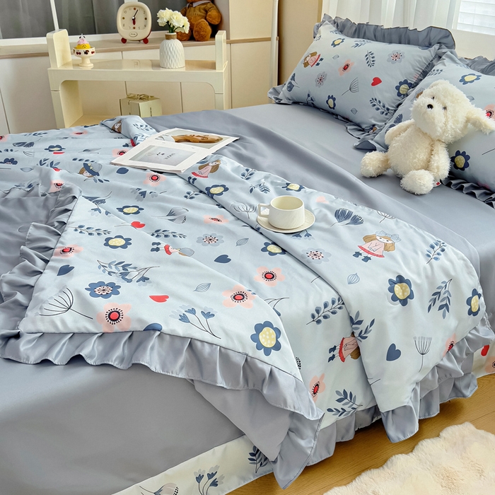 91家纺网 家纺一手货源 找家纺 找底底家纺 2025新款60S水洗天丝夏被夏凉被空调被床裙四件套 梦花田