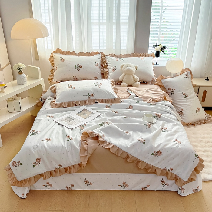 91家纺网 家纺一手货源 找家纺 找底底家纺 2025新款60S水洗天丝夏被夏凉被空调被床裙四件套 甜甜花香