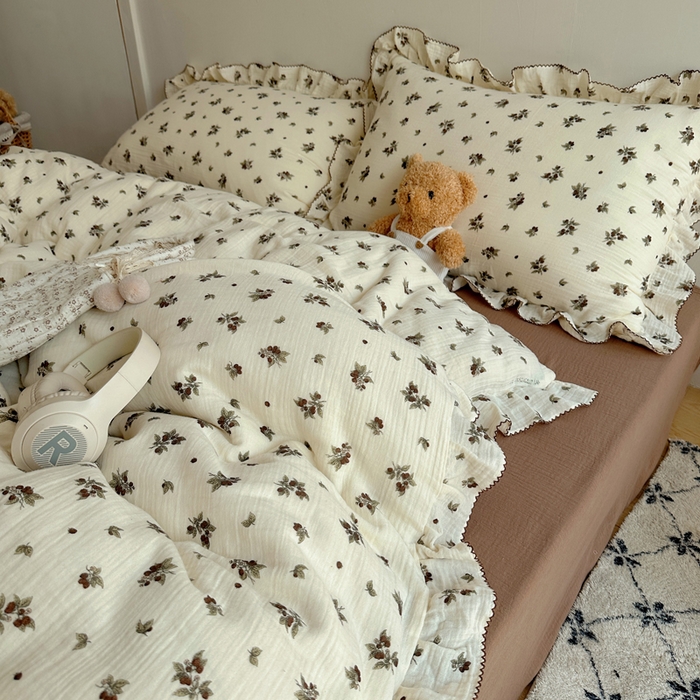 91家纺网 家纺一手货源 找家纺 2025新韩版花边全棉双层皱皱纱布四件套 清冷紫葡萄