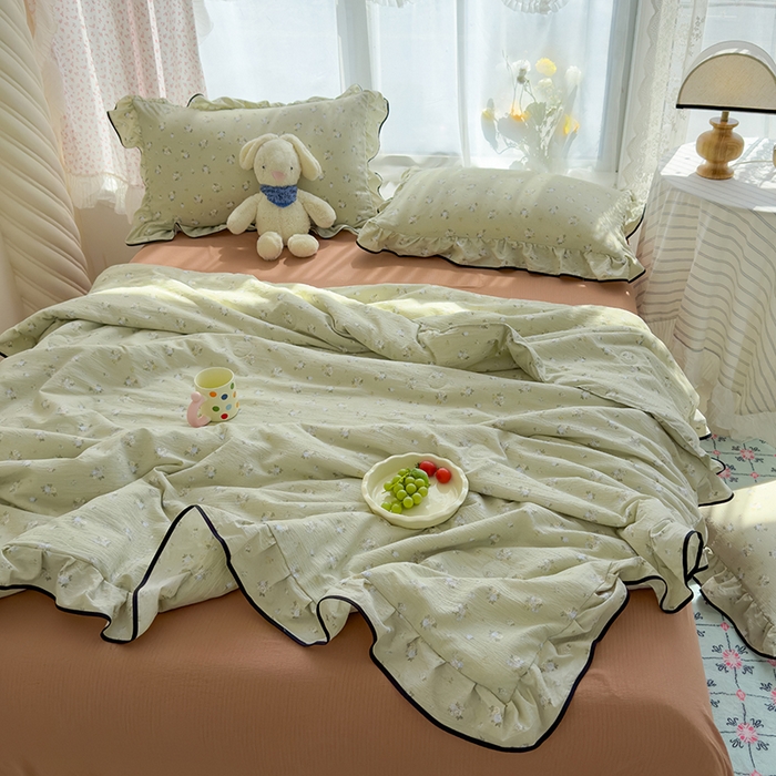 91家纺网 家纺一手货源 找家纺 欧尚2025新款BYS-云感纱MEB夏被四件套系列 MEB-落日暮年-绿