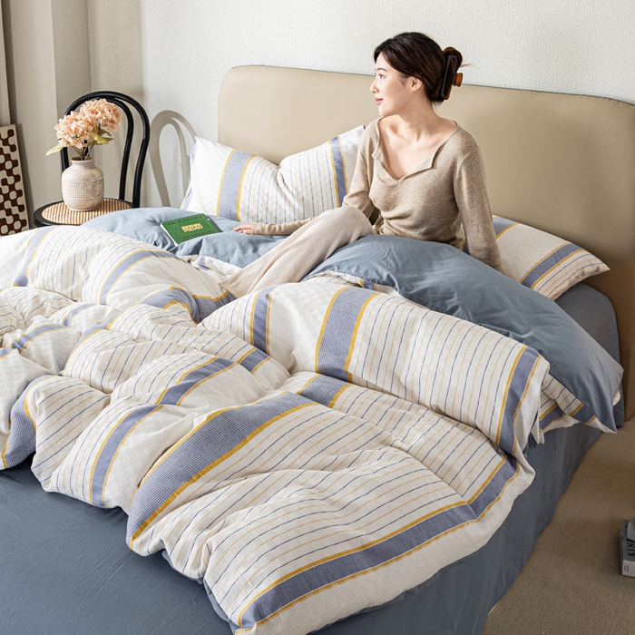 91家纺网 家纺一手货源 找家纺 九沐良品 2025新款全棉水洗棉提花四件套 简凝-蓝