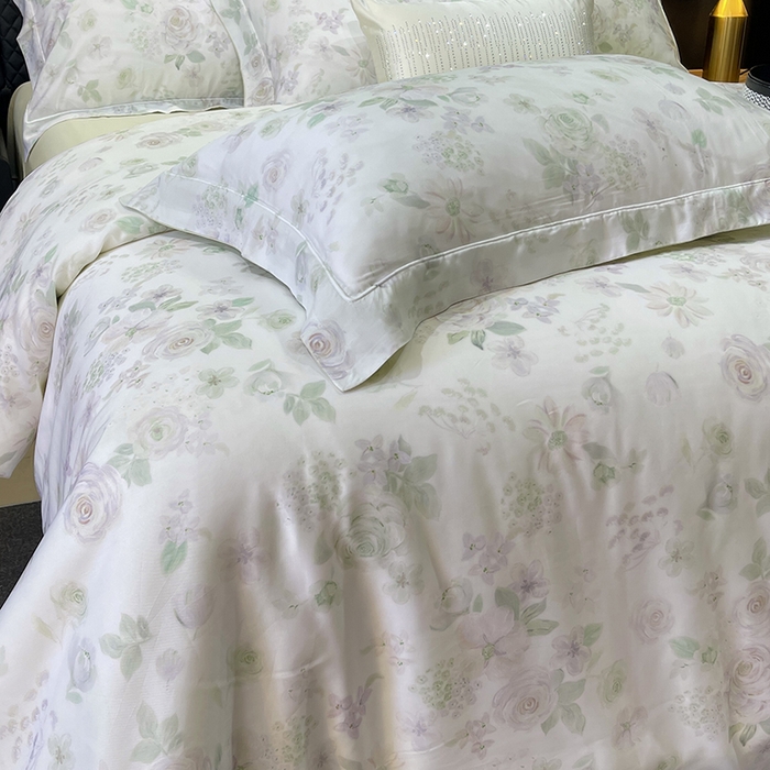 91家纺网 家纺一手货源 找家纺 莱豫2025新款50支莱赛尔天丝四件套 绿光森林