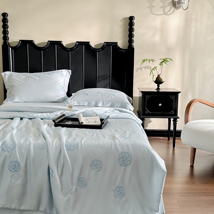 佳汐蓝家纺 2025新款60S奥地利LF兰精天丝刺绣夏被四件套-lady coco lady coco夏被-蓝