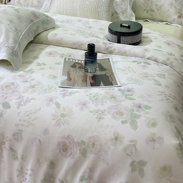 91家纺网 家纺一手货源 找家纺 莱豫2025新款50支莱赛尔天丝四件套 绿光森林