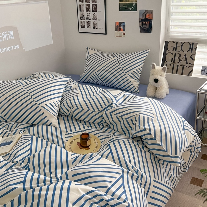 91家纺网 家纺一手货源 找家纺 吉象2025新款全棉印花北欧极简四件套系列 语初蓝