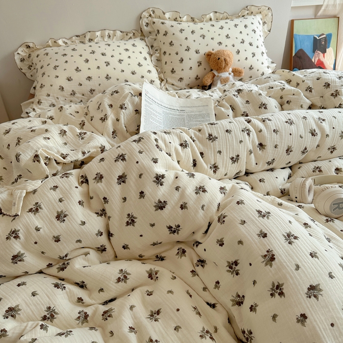 91家纺网 家纺一手货源 找家纺 2025新韩版花边全棉双层皱皱纱布四件套 清冷紫葡萄