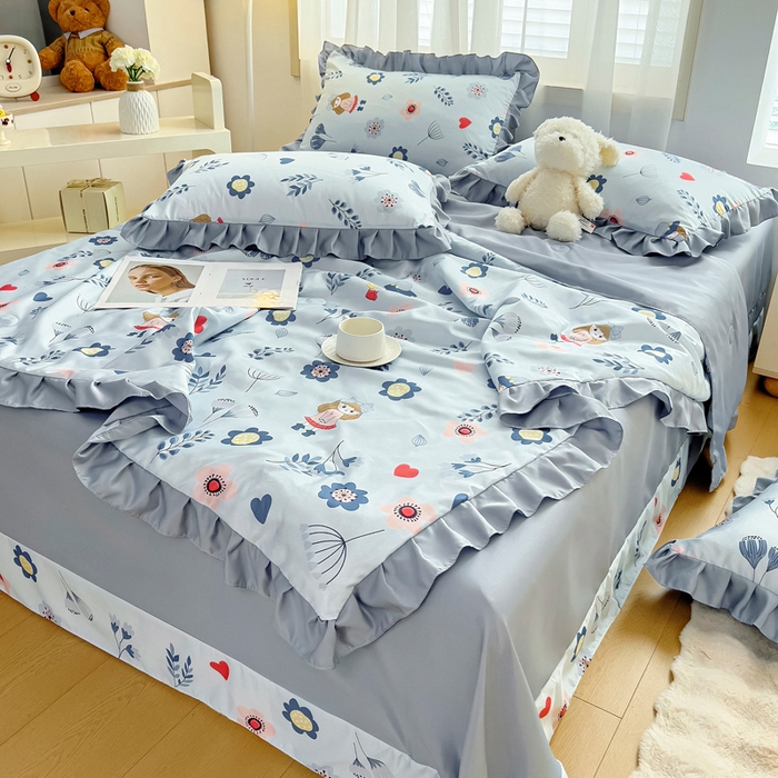 91家纺网 家纺一手货源 找家纺 找底底家纺 2025新款60S水洗天丝夏被夏凉被空调被床裙四件套 梦花田