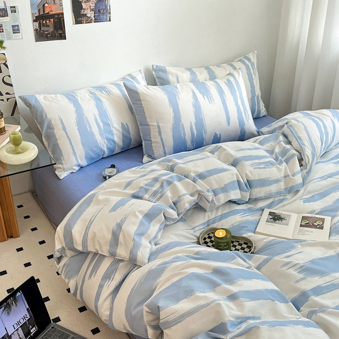 91家纺网 家纺一手货源 找家纺 吉象2025新款全棉印花北欧极简四件套系列 文艺蓝