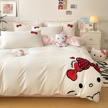 首尔2025新款云朵棉毛巾绣四件套 蝴蝶结猫-白拼粉