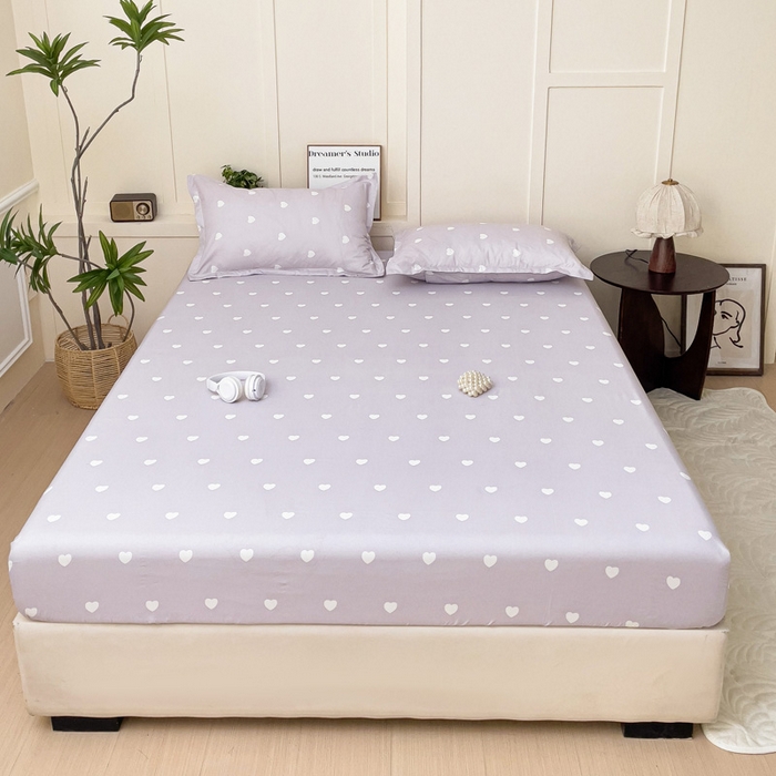 91家纺网 家纺一手货源 找家纺 朵朵家纺 2025新款亲肤棉芦荟棉床笠单床笠，磨毛床笠，印花床笠（可定制尺寸 ） 爱心紫