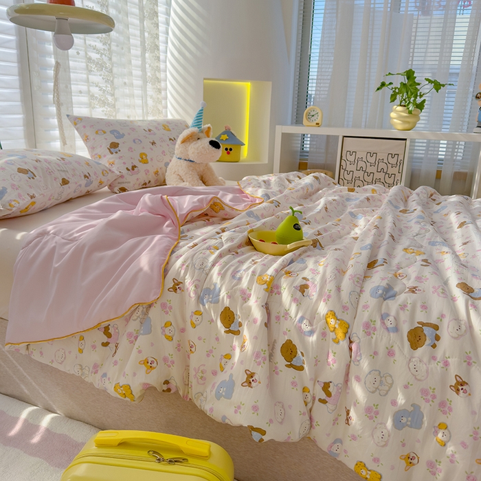 91家纺网 家纺一手货源 找家纺 美派工厂店2025新款水洗邹邹纱夏被 灰蒙小狗