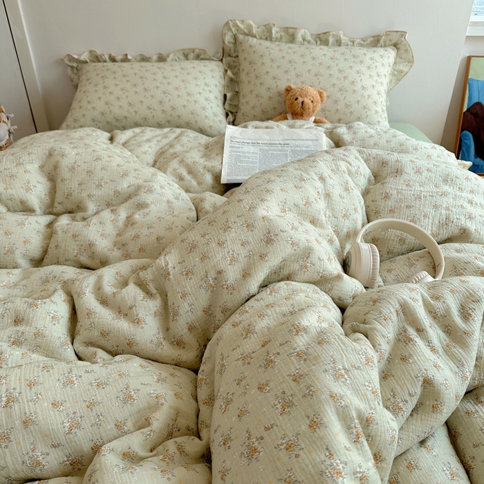 91家纺网 家纺一手货源 找家纺 2025新韩版花边全棉双层皱皱纱布四件套 花仙子