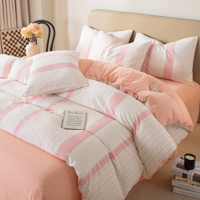 91家纺网 家纺一手货源 找家纺 九沐良品 2025新款全棉水洗棉提花四件套 简凝-粉