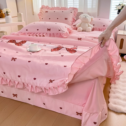 找底底家纺 2025新款60S水洗天丝夏被夏凉被空调被床裙四件套 爱心蝴蝶结