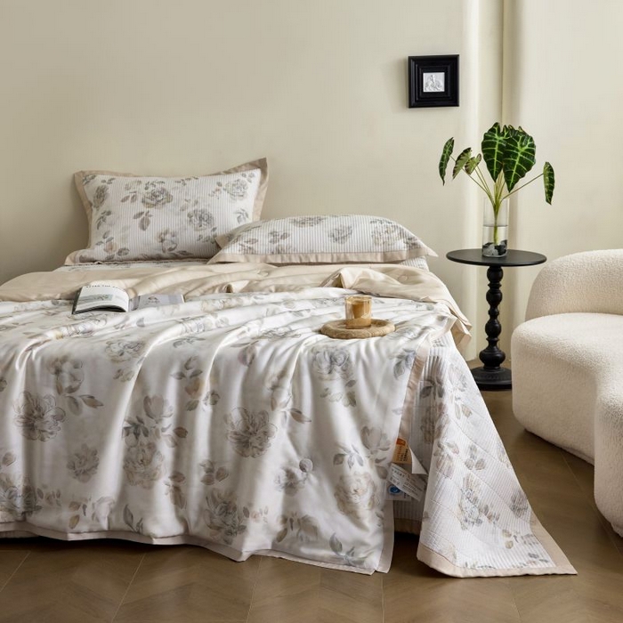 91家纺网 家纺一手货源 找家纺 黛舒家居2025新款天丝水洗印花夏被床盖三件套 蔓咖