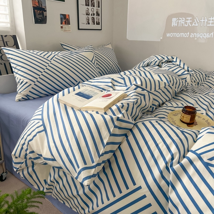 91家纺网 家纺一手货源 找家纺 吉象2025新款全棉印花北欧极简四件套系列 语初蓝