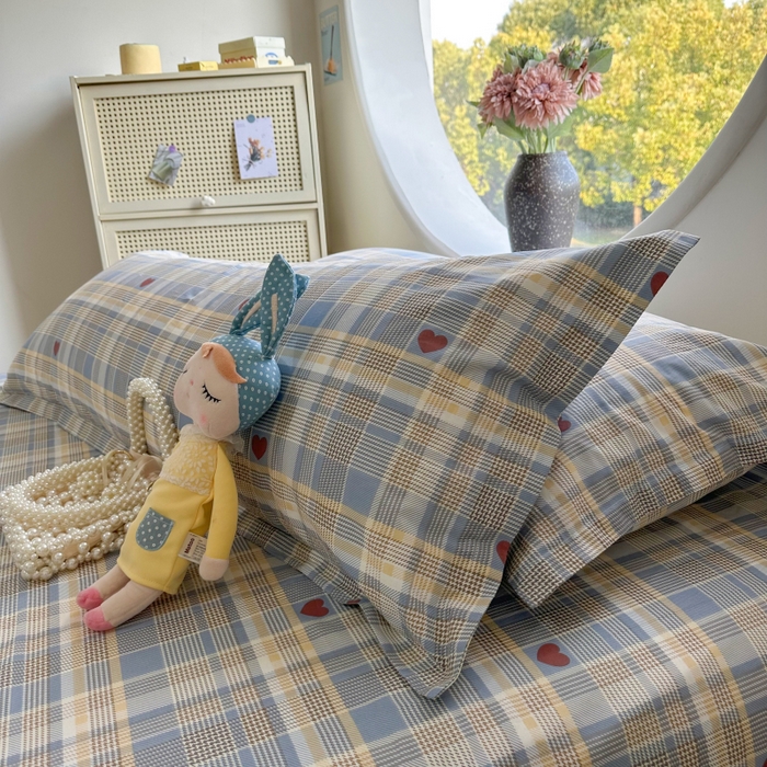 91家纺网 家纺一手货源 找家纺 百寐 2025新款13372全棉纯棉印花双人枕套+同款床单 心动蓝