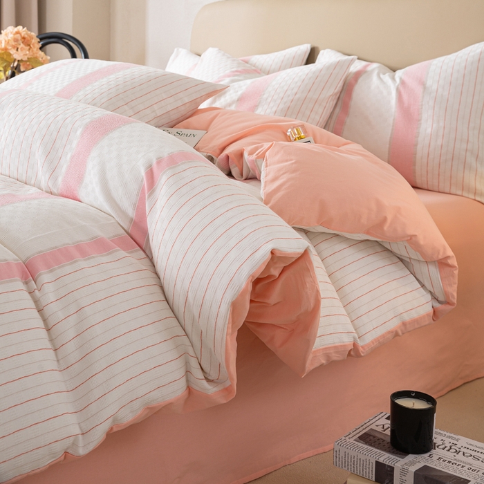 91家纺网 家纺一手货源 找家纺 九沐良品 2025新款全棉水洗棉提花四件套 简凝-粉