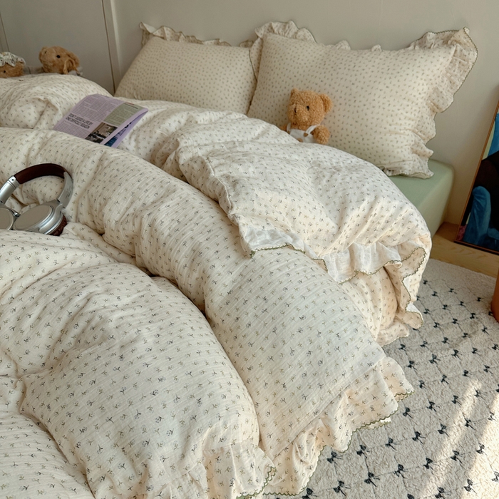 91家纺网 家纺一手货源 找家纺 2025新韩版花边全棉双层皱皱纱布四件套 清新奶盐