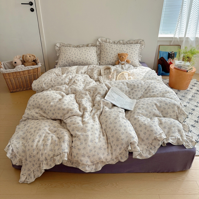 91家纺网 家纺一手货源 找家纺 2025新韩版花边全棉双层皱皱纱布四件套 怦然心动