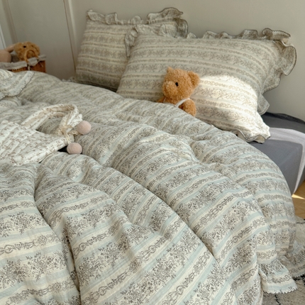 2025新韩版花边全棉双层皱皱纱布四件套 白兰地