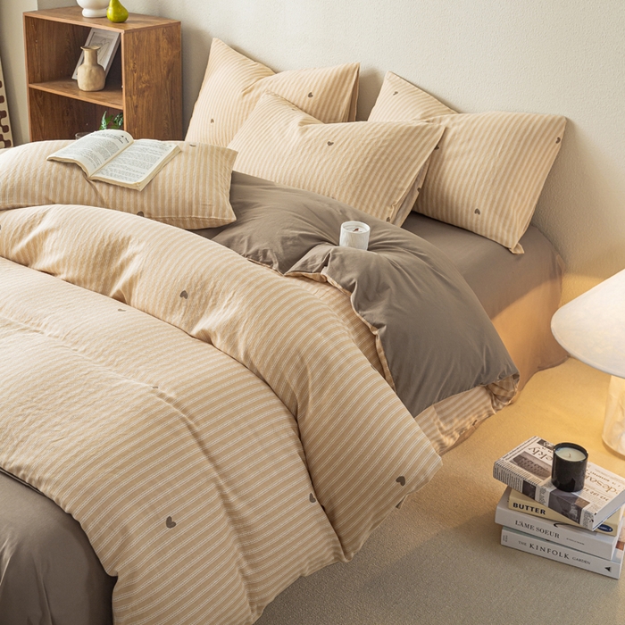 91家纺网 家纺一手货源 找家纺 2025新款全棉水洗棉双层纱印花四件套 悦吟-咖