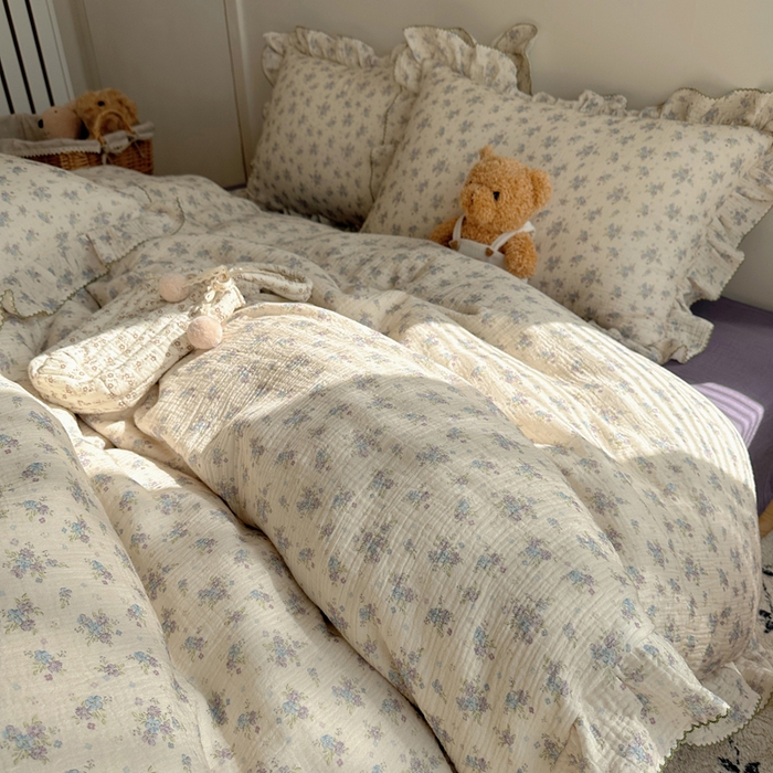 91家纺网 家纺一手货源 找家纺 2025新韩版花边全棉双层皱皱纱布四件套 怦然心动