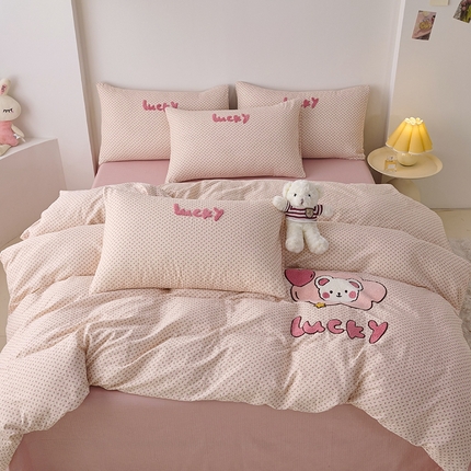 爱思佳2025新款全棉双层纱毛巾绣系列四件套 幸运熊