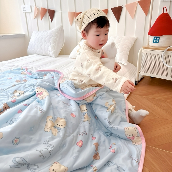 91家纺网 家纺一手货源 找家纺 兜米  2025夏季A类针织棉夏凉被小清新卡通双面针织棉空调被子被芯 宠物喵喵