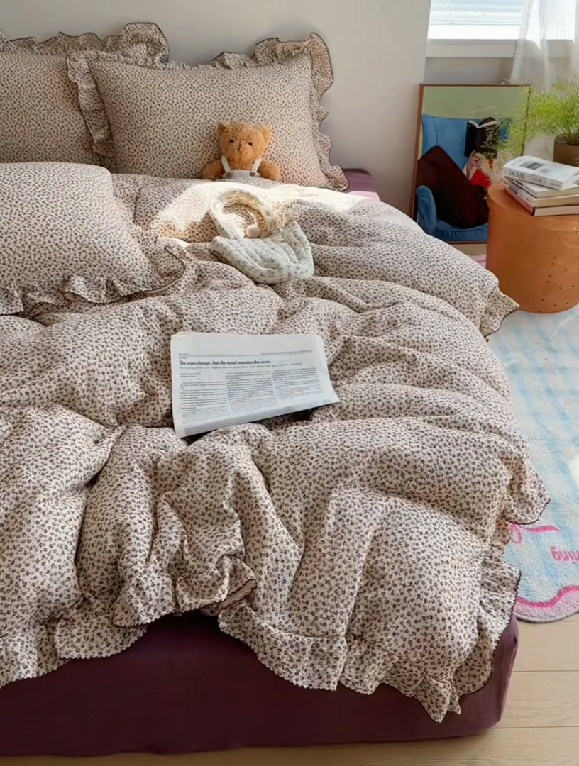 91家纺网 家纺一手货源 找家纺 2025新韩版花边全棉双层皱皱纱布四件套 紫鸢温柔