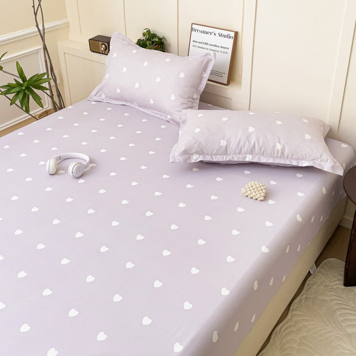 91家纺网 家纺一手货源 找家纺 朵朵家纺 2025新款亲肤棉芦荟棉床笠单床笠，磨毛床笠，印花床笠（可定制尺寸 ） 爱心紫