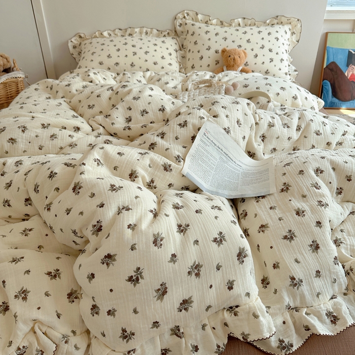 91家纺网 家纺一手货源 找家纺 2025新韩版花边全棉双层皱皱纱布四件套 清冷紫葡萄