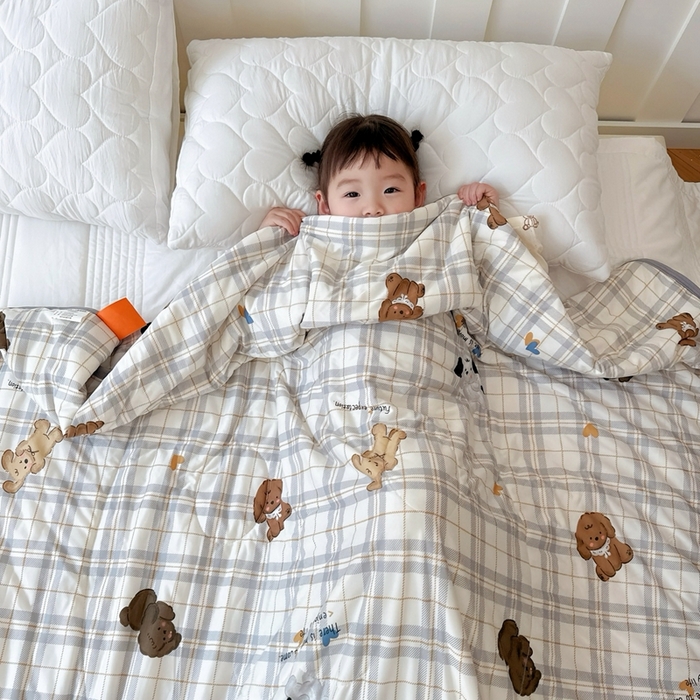 91家纺网 家纺一手货源 找家纺 兜米  2025夏季A类针织棉夏凉被小清新卡通双面针织棉空调被子被芯 格子狗