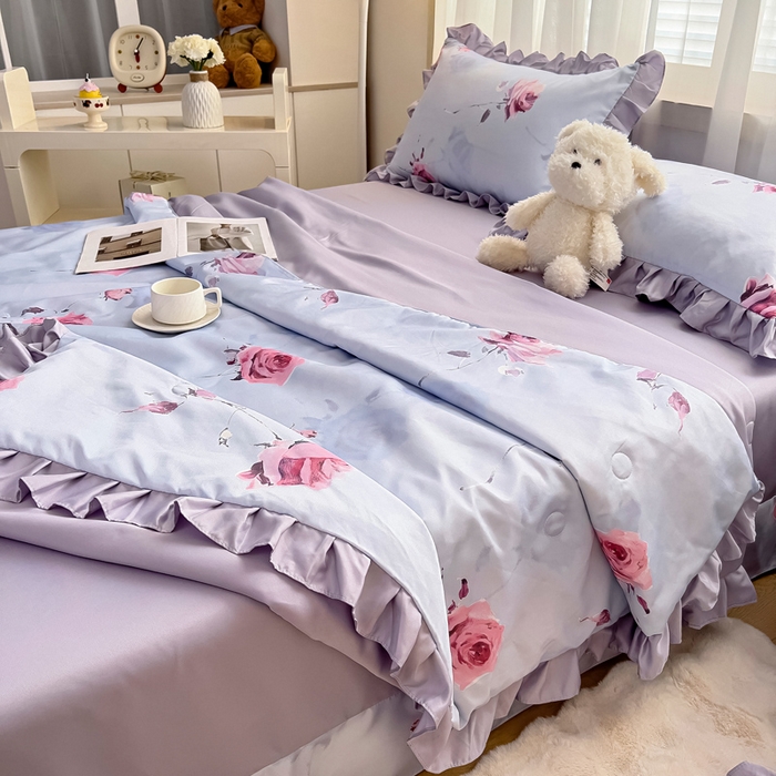 91家纺网 家纺一手货源 找家纺 找底底家纺 2025新款60S水洗天丝夏被夏凉被空调被床裙四件套 浪漫玫瑰