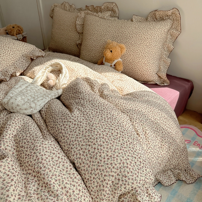 91家纺网 家纺一手货源 找家纺 2025新韩版花边全棉双层皱皱纱布四件套 紫鸢温柔