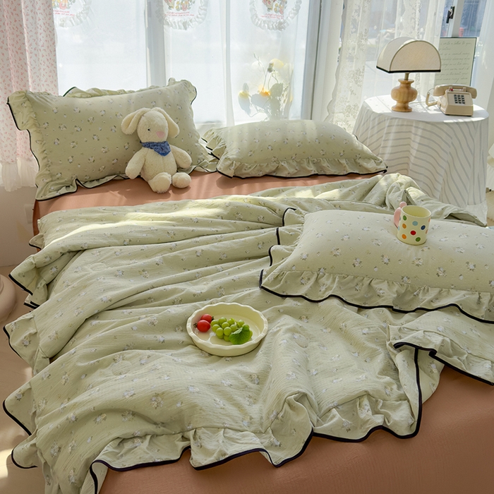 91家纺网 家纺一手货源 找家纺 欧尚2025新款BYS-云感纱MEB夏被四件套系列 MEB-落日暮年-绿