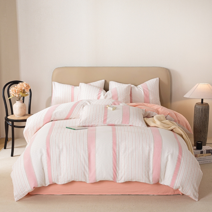 91家纺网 家纺一手货源 找家纺 九沐良品 2025新款全棉水洗棉提花四件套 简凝-粉